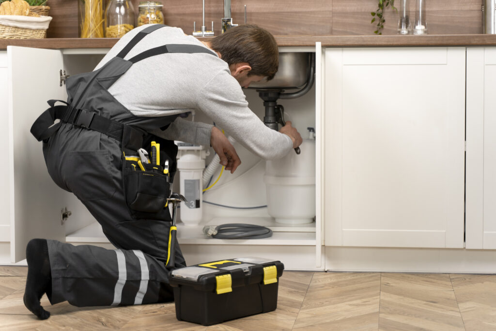 Plumber cleaning a kitchen drain with high-pressure water jet