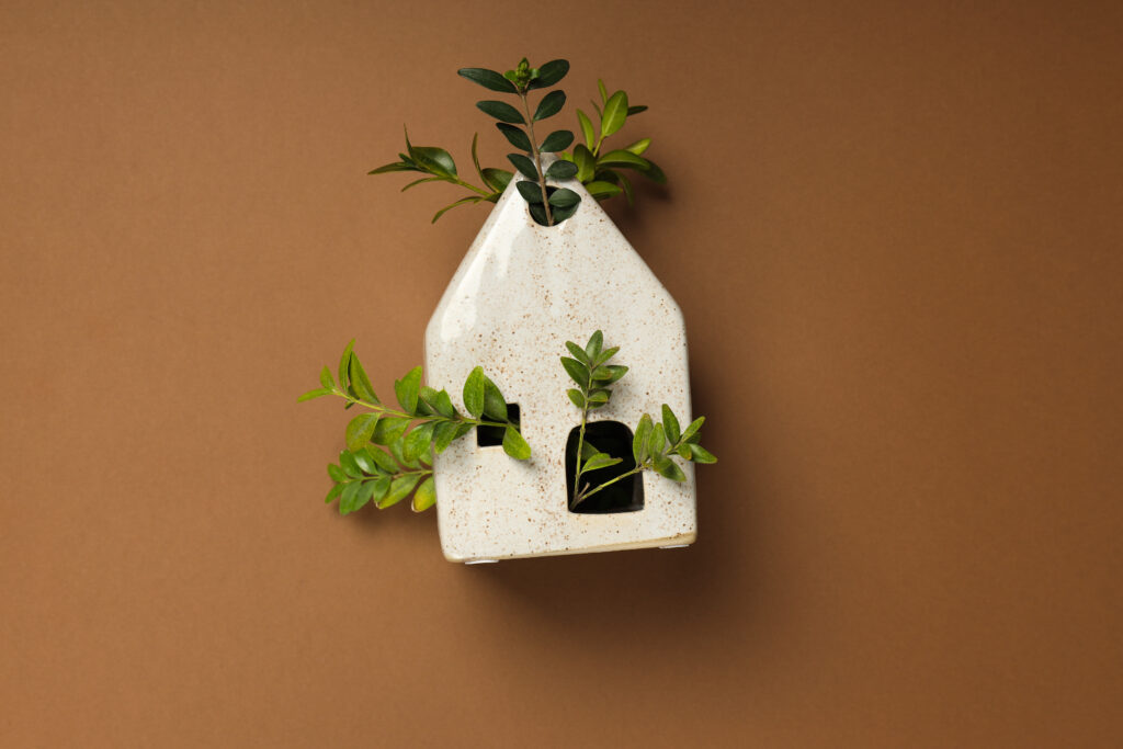 Eco-friendly home concept with green plants growing inside a ceramic house model on brown background