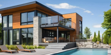 Modern renovated Auckland home with glass balcony, wooden cladding, and poolside patio under a clear blue sky.