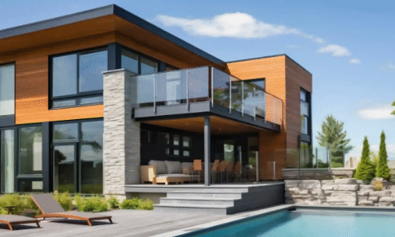 Modern renovated Auckland home with glass balcony, wooden cladding, and poolside patio under a clear blue sky.