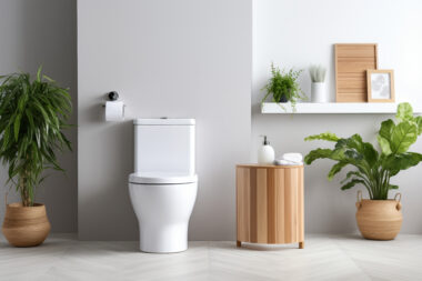 Modern white toilet in a clean, tiled bathroom interior with natural light.