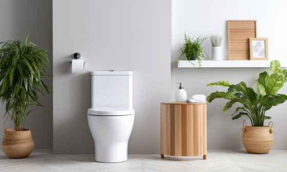 Modern white toilet in a clean, tiled bathroom interior with natural light.
