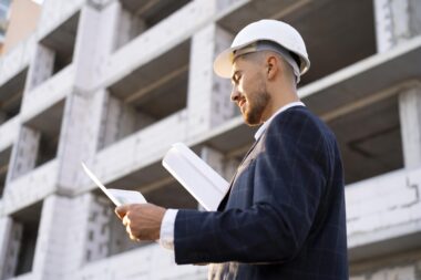 Structural engineer inspecting home renovation plans with blueprints