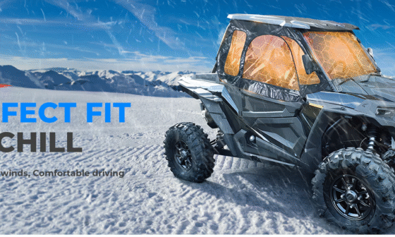 Kemimoto UTV with cab enclosure driving in snowy mountains, providing warmth and wind protection for comfortable off-road riding.