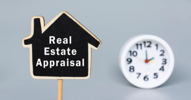 Wooden house-shaped sign with the words “Real Estate Appraisal” next to a clock, symbolizing property evaluation and timing in home buying.