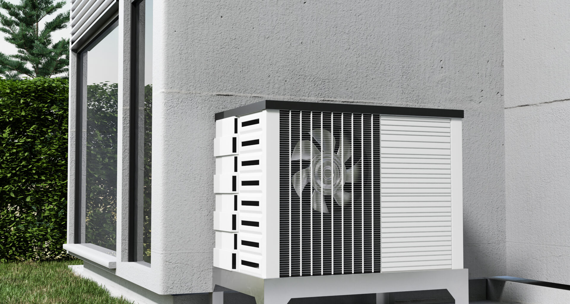 Air source heat pump outdoor unit beside a modern home
